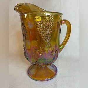 10" Vtg 1970's Carnival Glass Pitcher Iridescent Gold Harvest Grapes